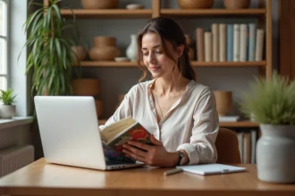 Femme au bureau avec guide de voyage marocain