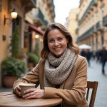 Femme souriante dans un café sicilien en plein air