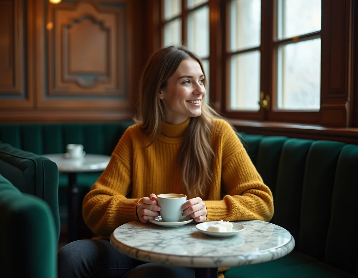 Femme souriante dans un café traditionnel de Prague tenant une tasse de café dans une ambiance romantique et cosy