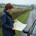 Femme regardant une carte de Normandie à côté de sa voiture