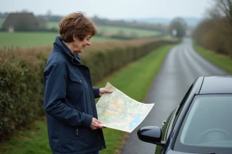 Femme regardant une carte de Normandie à côté de sa voiture