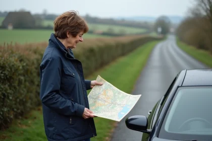 Femme regardant une carte de Normandie à côté de sa voiture