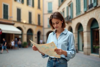 Femme étudie une carte du centre historique d'AixenProvence