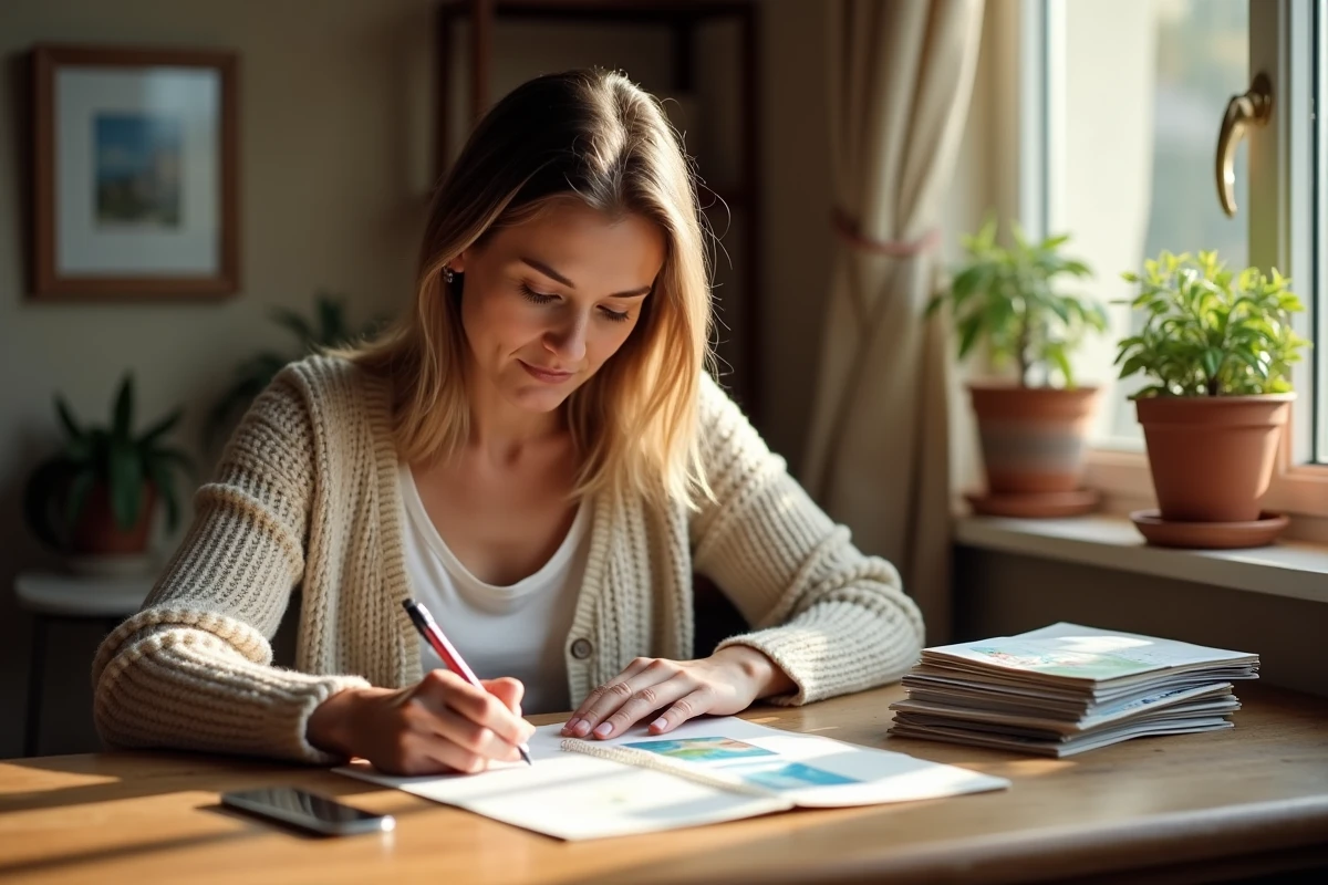 Femme rédigeant une carte postale de vacances à la maison, évoquant la tradition des vœux de bonnes vacances