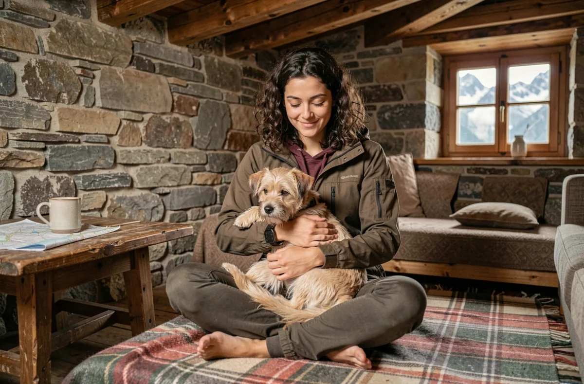 Jeune femme et son petit chien se reposant dans un refuge de montagne dog-friendly en Vallée d'Aoste