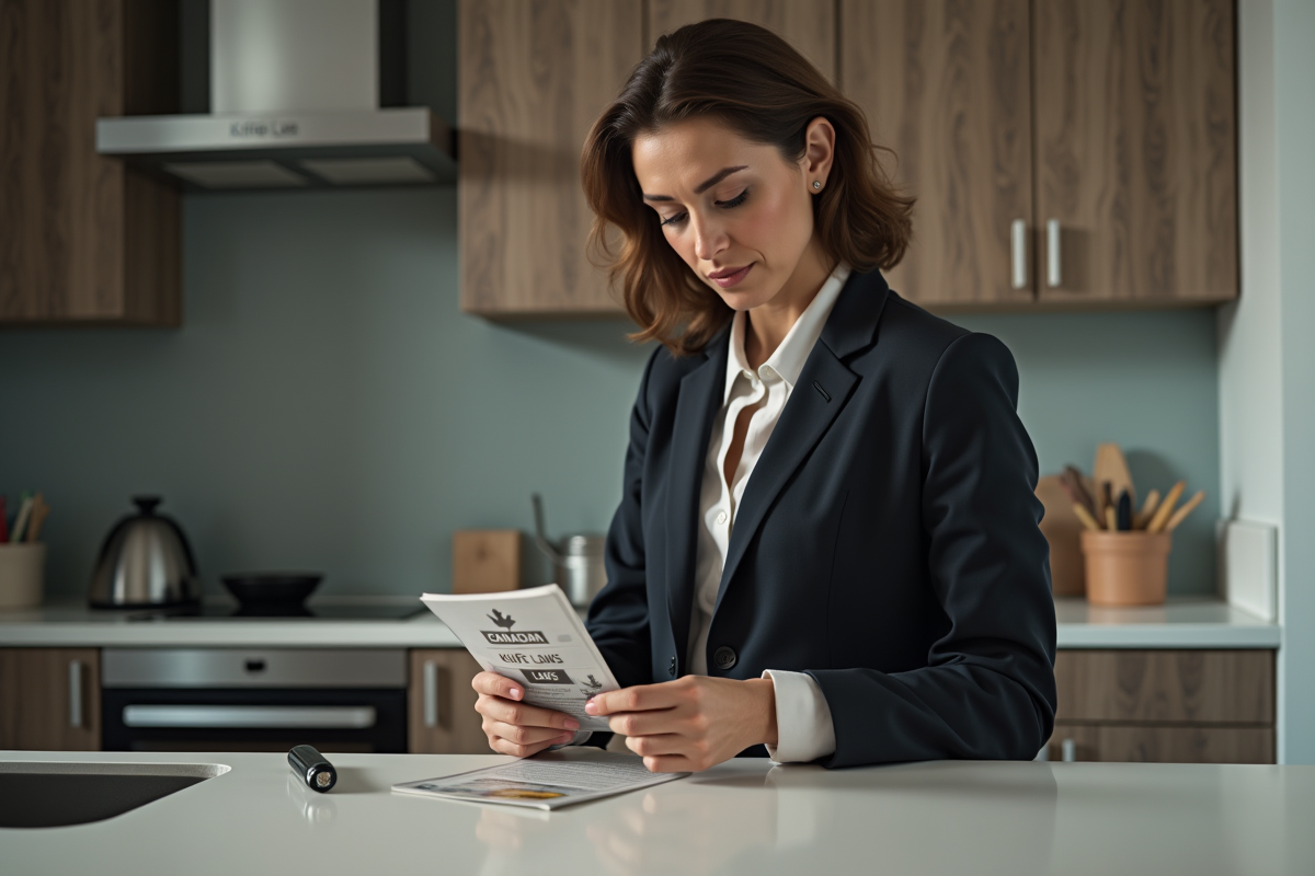 Femme lisant lois sur les couteaux dans la cuisine