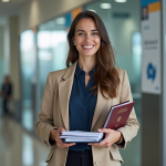 Femme souriante tenant un dossier et un passeport devant un centre de visa