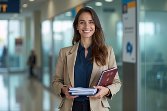 Femme souriante tenant un dossier et un passeport devant un centre de visa