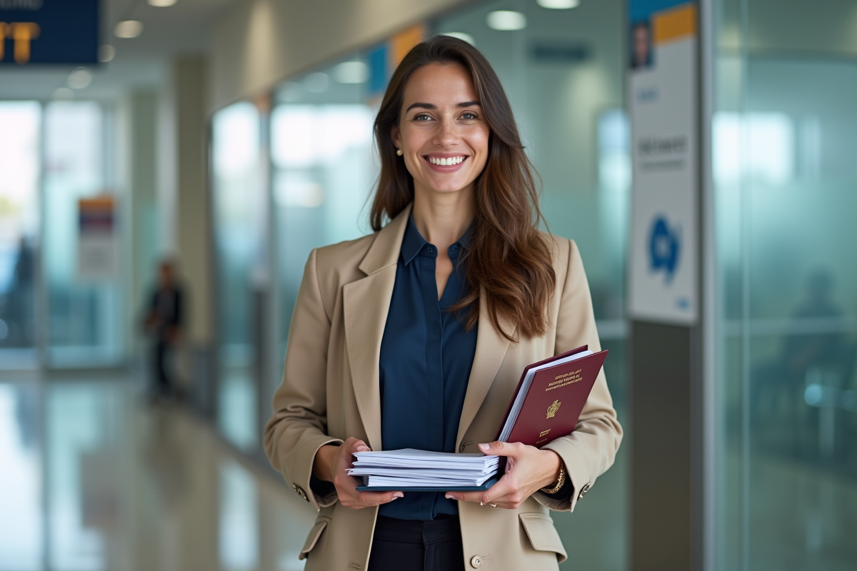 Femme souriante tenant un dossier et un passeport devant un centre de visa