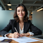 Jeune femme remplissant un formulaire de visa au bureau