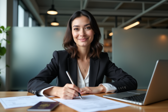 Jeune femme remplissant un formulaire de visa au bureau