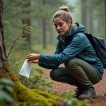 Femme discrète derrière un buisson en forêt avec papier biodégradable