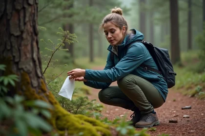 Femme discrète derrière un buisson en forêt avec papier biodégradable
