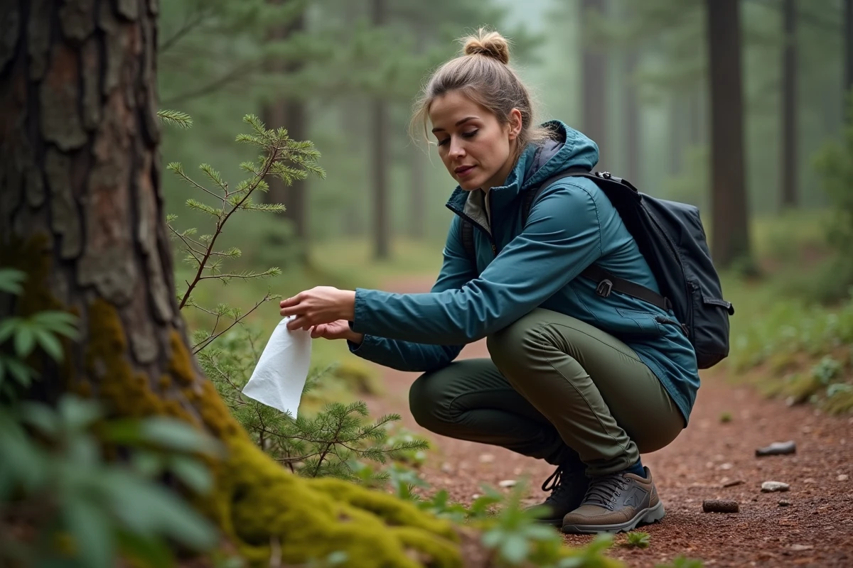 Femme discrète derrière un buisson en forêt avec papier biodégradable