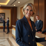 Femme élégante en costume bleu dans un hôtel luxe