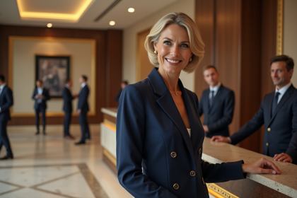 Femme élégante en costume bleu dans un hôtel luxe