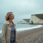 Femme locale contemplant les falaises d'Étretat en Normandie depuis la plage de galets