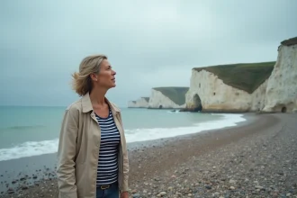 Femme locale contemplant les falaises d'Étretat en Normandie depuis la plage de galets