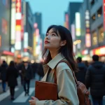 Femme francophone découvrant le carrefour de Shibuya à Tokyo avec un guide de voyage à la main