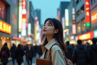 Femme francophone découvrant le carrefour de Shibuya à Tokyo avec un guide de voyage à la main