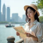Jeune femme avec chapeau sur la promenade de Guangzhou