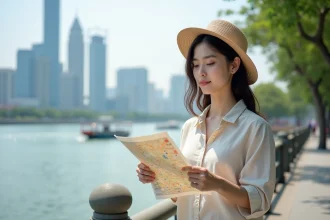 Jeune femme avec chapeau sur la promenade de Guangzhou