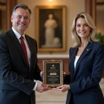 Femme élégante recevant un prix dans un grand lobby d'hôtel