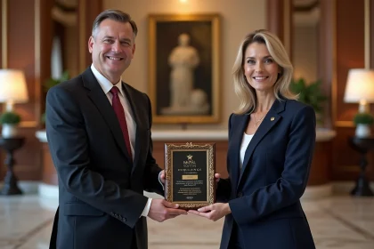 Femme élégante recevant un prix dans un grand lobby d'hôtel