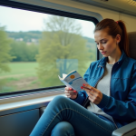 Femme en train lisant un pass Interrail dans un train Eurostar