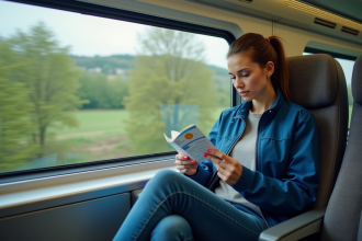 Femme en train lisant un pass Interrail dans un train Eurostar