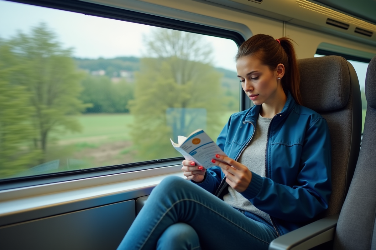 Femme en train lisant un pass Interrail dans un train Eurostar
