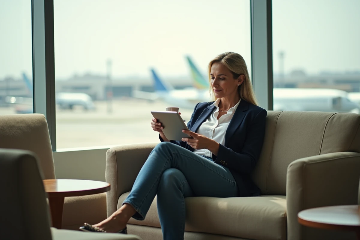 Femme lisant dans un salon aéroportuaire à Casablanca