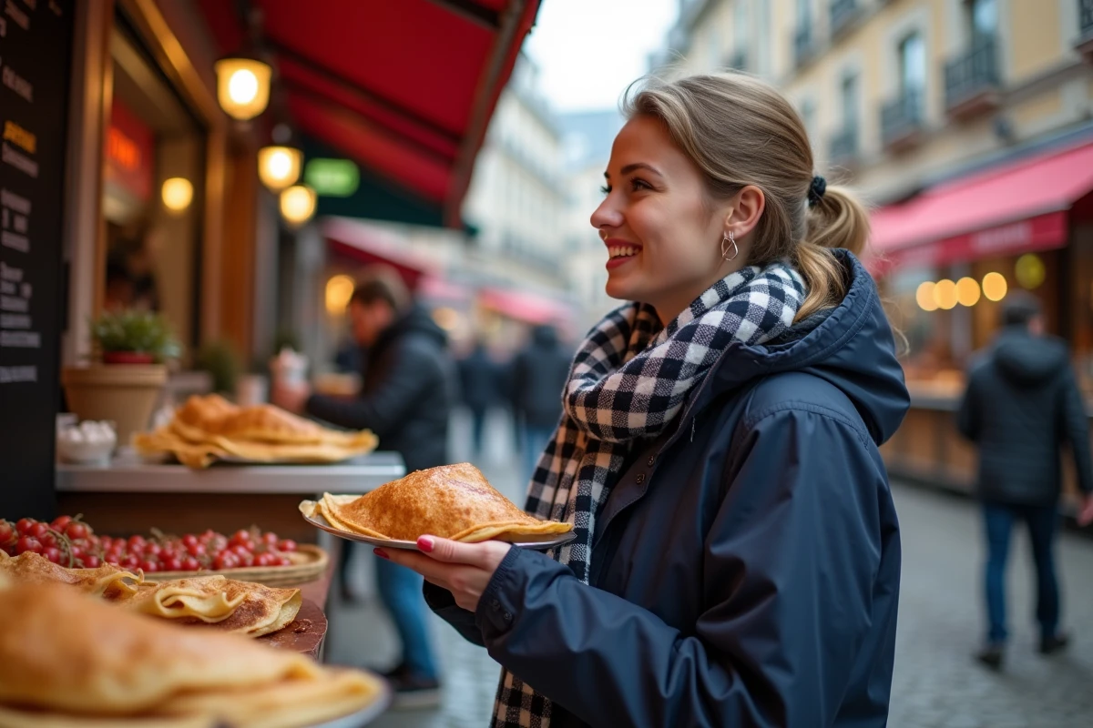 Jeune femme dégustant une crêpe dans un marché animé