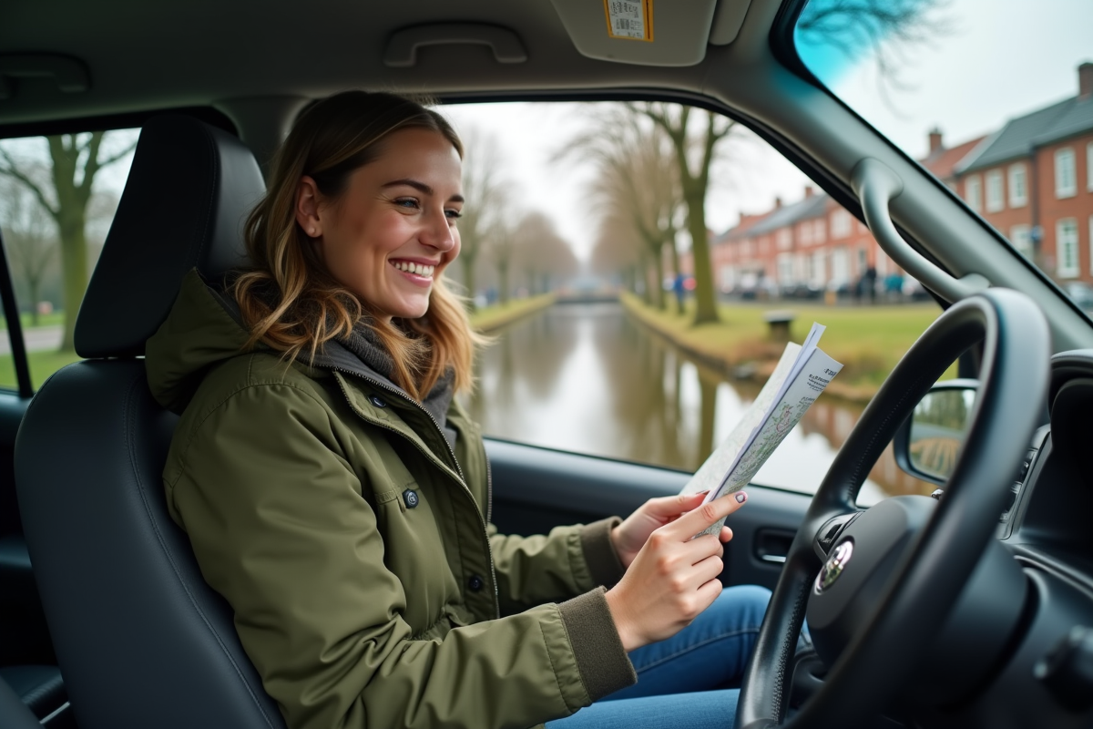 Jeune femme néerlandaise vérifiant une carte routière au bord d