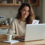 Femme souriante avec billet et code promo à la maison