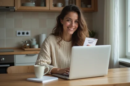 Femme souriante avec billet et code promo à la maison