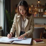 Jeune femme organisant ses papiers de voyage dans un appartement