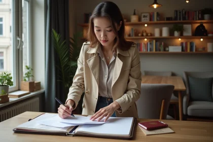 Jeune femme organisant ses papiers de voyage dans un appartement