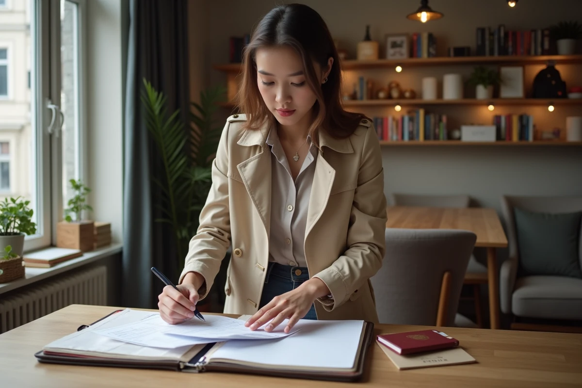 Jeune femme organisant ses papiers de voyage dans un appartement