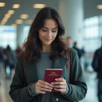Femme avec passeport devant comptoir aéroport moderne
