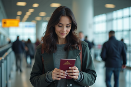 Femme avec passeport devant comptoir aéroport moderne