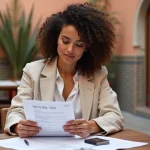Femme consultant son passeport et son assurance voyage dans un riad marocain avant de partir au Maroc