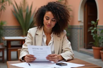 Femme consultant son passeport et son assurance voyage dans un riad marocain avant de partir au Maroc