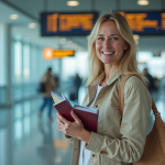 Femme souriante avec passeport et assurance voyage à l'aéroport