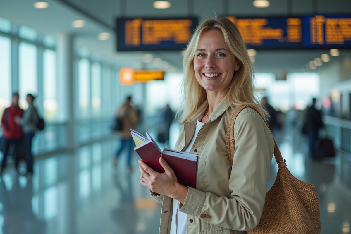 Femme souriante avec passeport et assurance voyage à l'aéroport