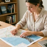Femme planifiant un voyage à Dubai avec une carte imprimée haute définition posée sur un bureau en bois