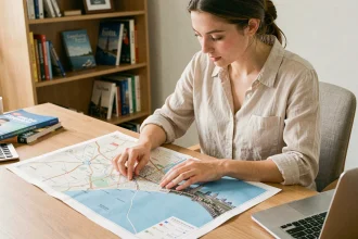 Femme planifiant un voyage à Dubai avec une carte imprimée haute définition posée sur un bureau en bois