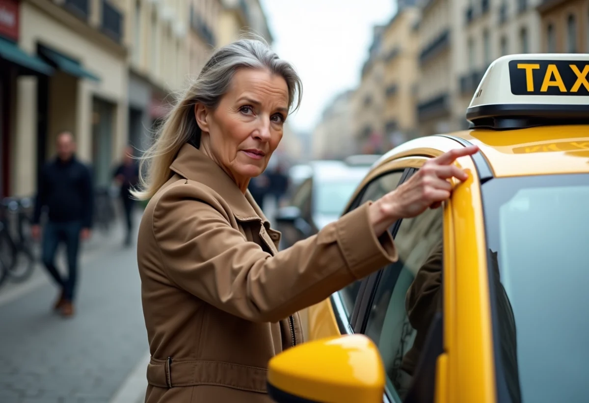 Femme pointant le taxi parisien sur le toit