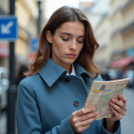 Femme avec licence française dans une ville animée