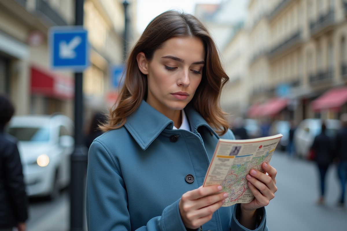 Femme avec licence française dans une ville animée